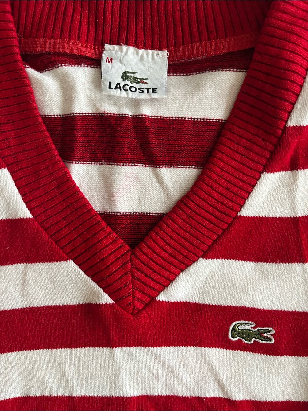 Lacoste Red & White Striped V-Neck Sweater
